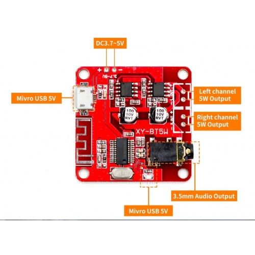 Модуль Bluetooth 5.0 з підсилювачем 5Вт + 5Вт DC 3.7~5V XY-BT5W
