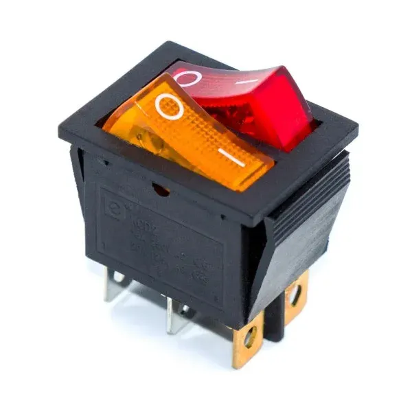 KCD2-2101N клавішний здвоєний з підсвічуванням 6pin 16A,250V, ON-OF червоний + жовтий перемикач Daier