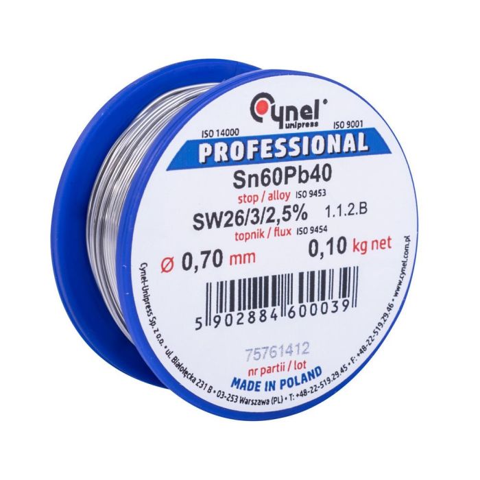 Припій CYNEL (Польща) Solder wire S-Sn60Pb40, flux SW26/3/2,5%  Ø0,7мм 0,1 кг