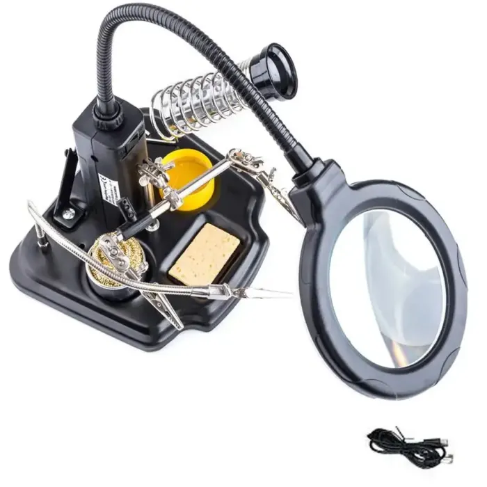 Тримач третя рука ZD10Y USB для паяння плат з лупою d100мм та LED підсвічуванням, підставка під паяльник