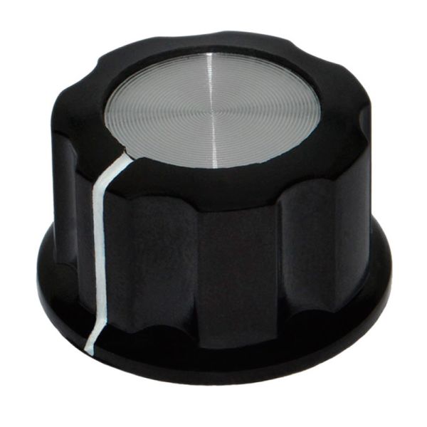 Ручка MF-A04 для потенціометра карболітова чорна із сріблястим верхом діаметр 33 мм