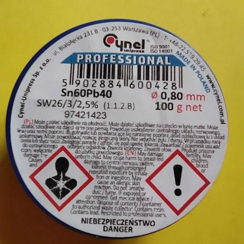 Припій CYNEL (Польща) Solder wire S-Sn60Pb40, flux SW26/3/2,5%  Ø0,8мм 0,1 кг
