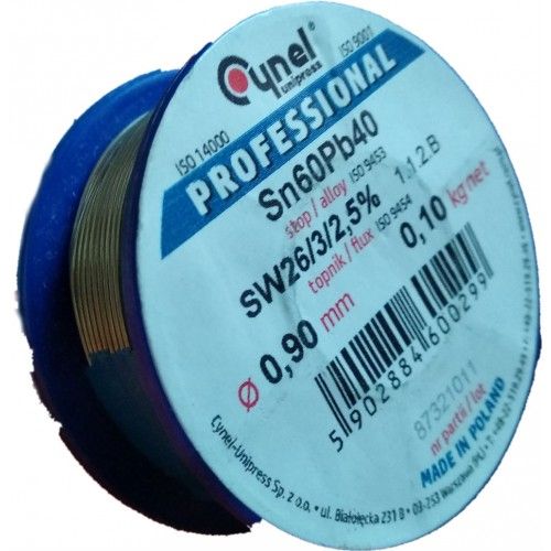Припій CYNEL (Польща) Solder wire S-Sn60Pb40, flux SW26/3/2,5%  Ø0,9мм 0,1кг