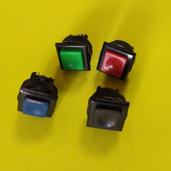 DS500-506 1A, 125V (ON)-OF червона, зелена, синя, чорна кнопка без фіксації 15х15мм