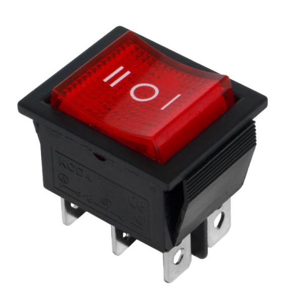 Перемикач широкий з підсвіткою IRS-203N ON-OFF-ON 6-и контактний, 16A, 220V, червоний