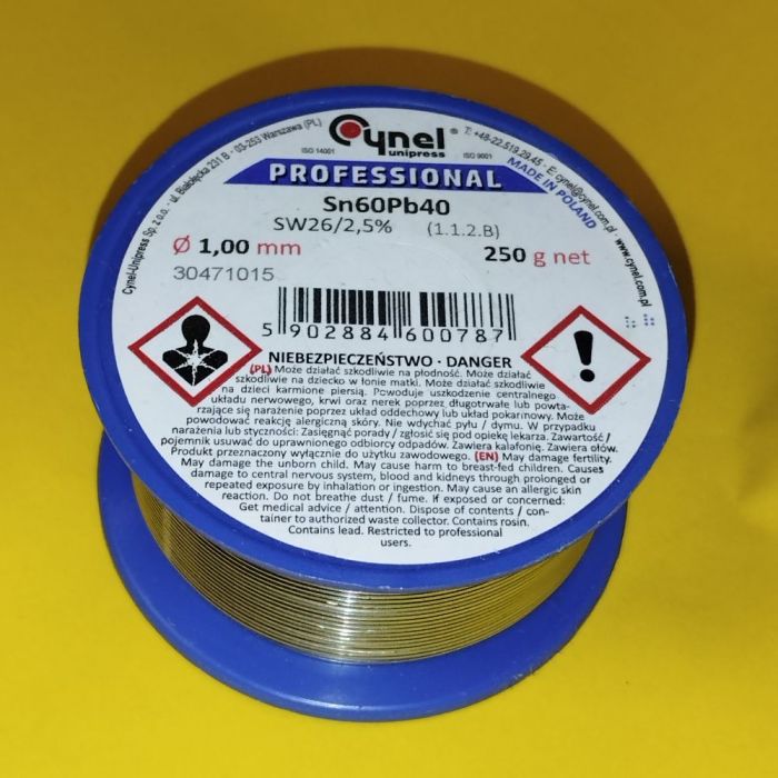 Припій CYNEL (Польща) Solder wire S-Sn60Pb40, flux SW26/3/2,5%  Ø1,0мм 0,25кг