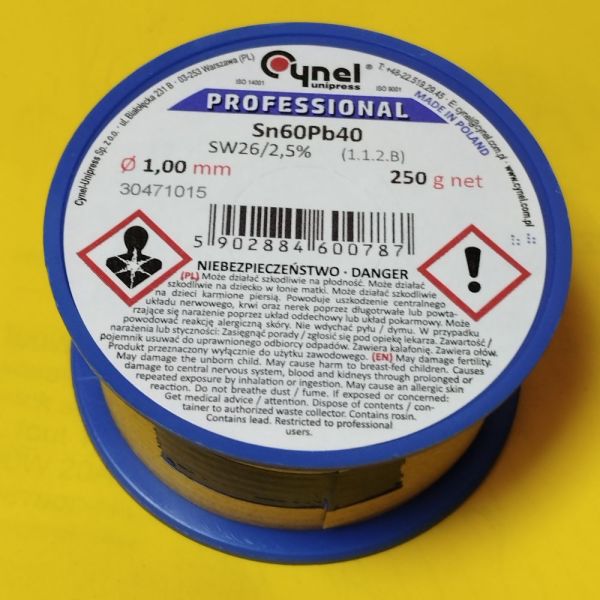 Припій CYNEL (Польща) Solder wire S-Sn60Pb40, flux SW26/3/2,5%  Ø1,0мм 0,25кг
