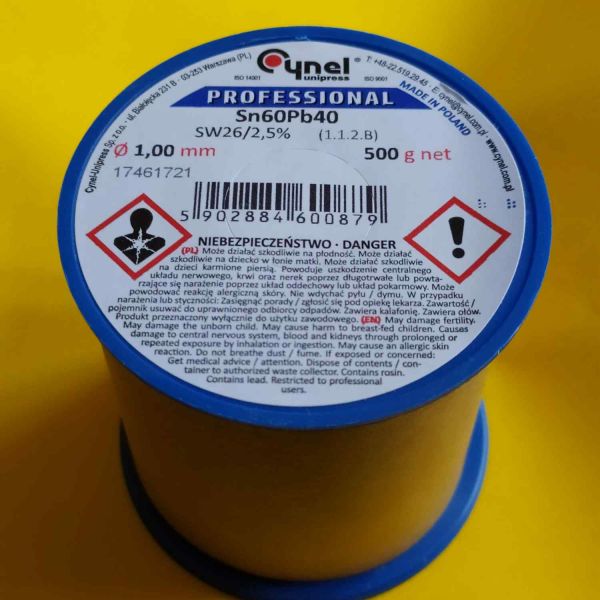 Припій CYNEL (Польща) Solder wire S-Sn60Pb40, flux SW26/3/2,5% Ø1,0мм 0,5кг
