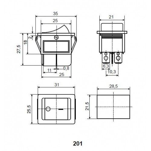 KCD4-201N 4pin, 16A, 250V, ON-OFF, черный корпус красная клавиша с подсветкой
