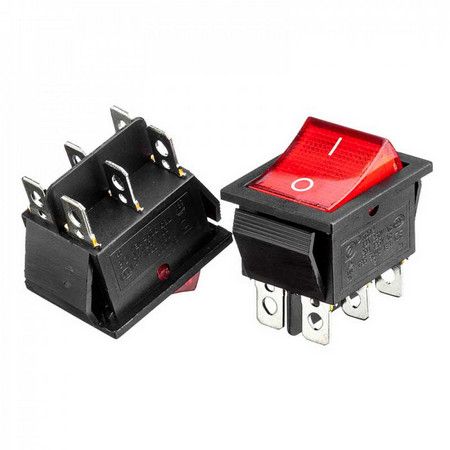Клавішний перемикач широкий KCD2-202N, 16A, 6 контактів, ON-ON, червоний з підсвічуванням 220В