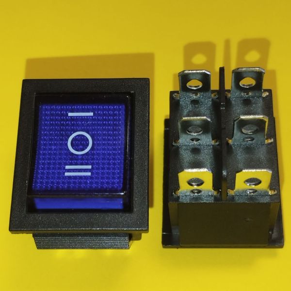 Перемикач широкий з підсвіткою KCD2-203N ON-OFF-ON 6-и контактний, 16A, 220V, синій