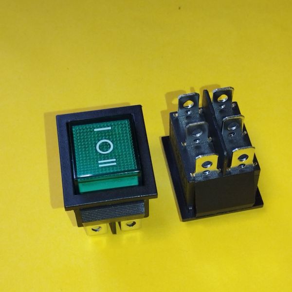 Перемикач широкий з підсвіткою IRS-203N ON-OFF-ON 6-и контактний, 16A, 220V, зелений