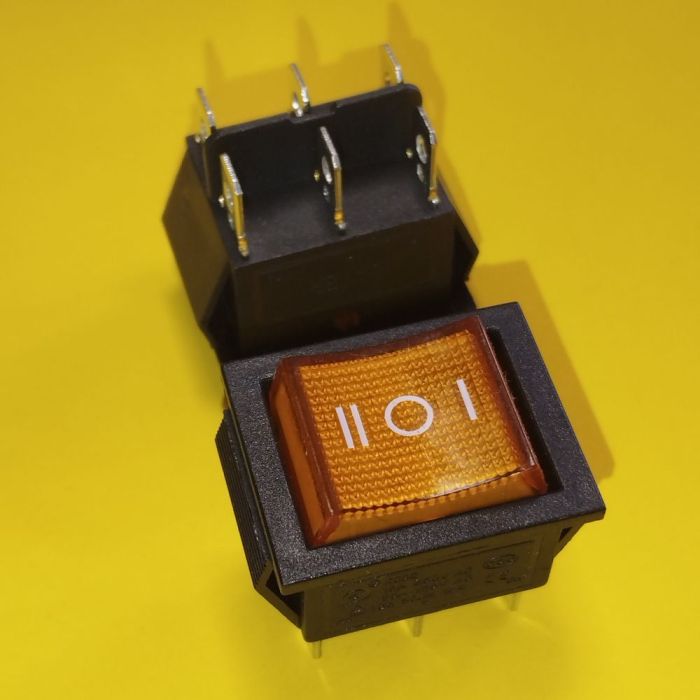 Переключатель широкий с подсветкой KCD2-203N ON-OFF-ON 6-и контактный, 16A, 220V, жёлтый