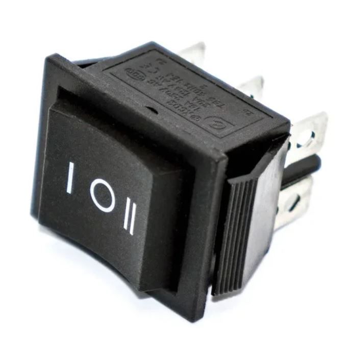 KCD2-223(RS-223) переключатель клавишный, без фиксации, широкий, 16А, 6pin, черный, (ON)-OFF-(ON), Daier