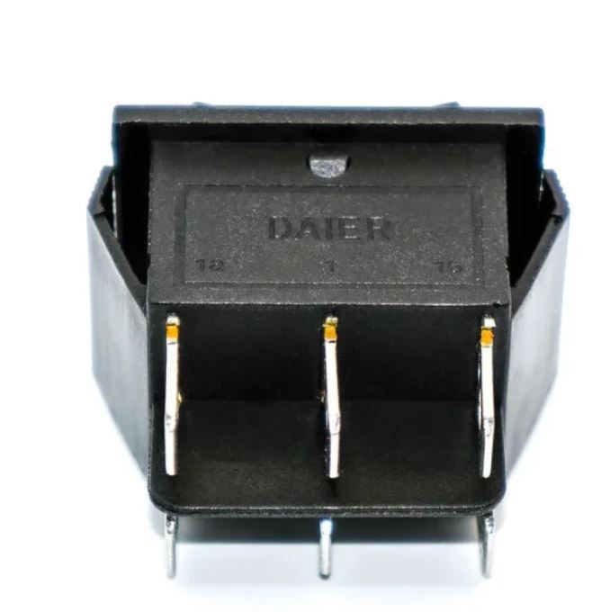 KCD2-223(RS-223) переключатель клавишный, без фиксации, широкий, 16А, 6pin, черный, (ON)-OFF-(ON), Daier