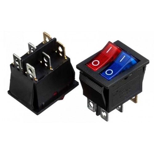 KCD2-2101N клавішний здвоєний з підсвічуванням 6pin 16A,250V, ON-OF червоний + синій перемикач Daier