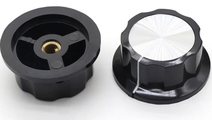 Ручка MF-A02 для потенціометра карболітова чорна із сріблястим верхом діаметр 23 мм