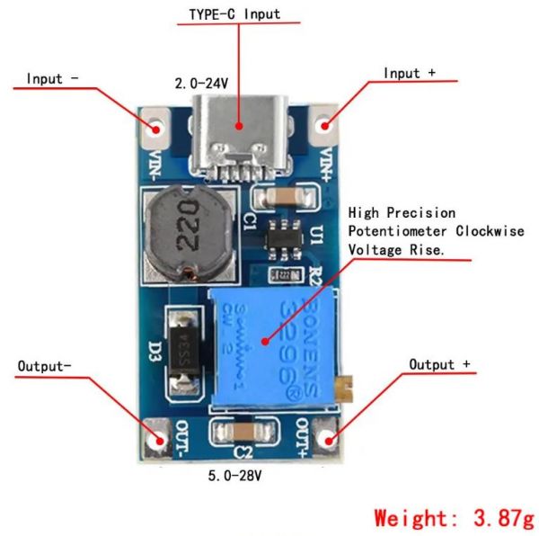 MT3608 з type-c підвищувальний DC/DC перетворювач: Uin 2...24 В / Uout до 28 В / Iout до 2 А