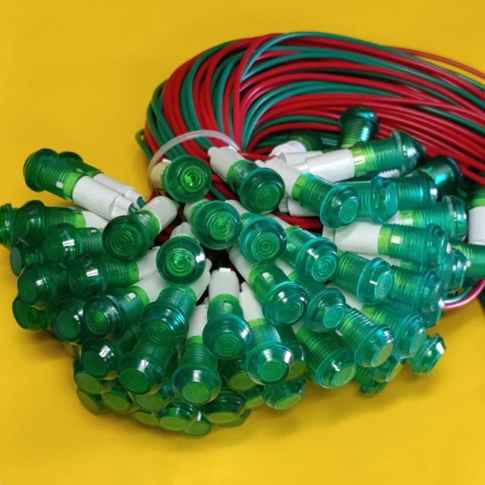 Неонова лампочка-індикатор, кругла 14мм, посадка М10 під гайку з проводами 240V, зелена