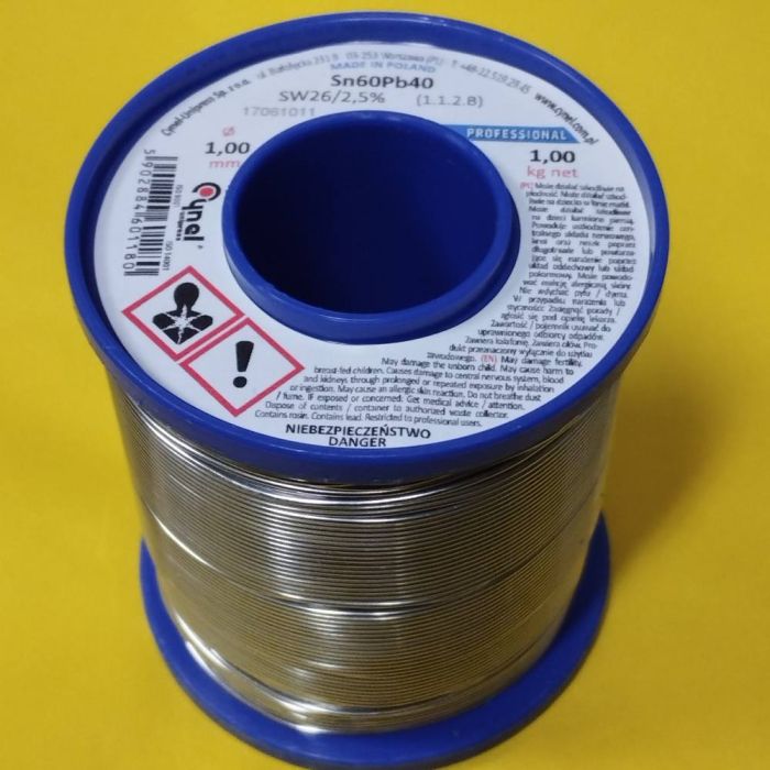 Припій дріт 1,0mm 1000g 1кг Cynel Sn60Pb40, flux SW26/3/2,5%, flux SW26/3/2,5%