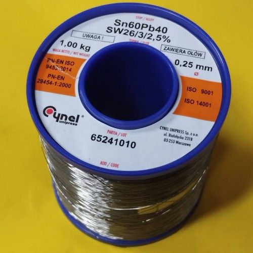 Припой CYNEL (Польша) Solder wire S-Sn60Pb40, flux SW26/3/2,5%  Ø0,25мм 1кг