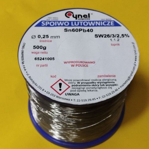 Припой CYNEL (Польша) Solder wire S-Sn60Pb40, flux SW26/3/2,5%  Ø0,25мм 0,5кг