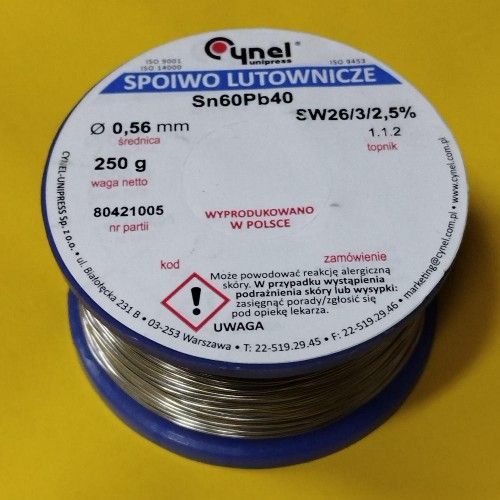 Припой CYNEL (Польша) Solder wire S-Sn60Pb40, flux SW26/3/2,5%  Ø0,56мм 0,25кг