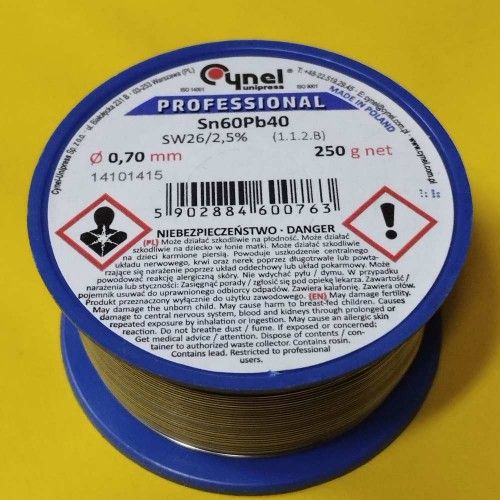 Припой CYNEL (Польша) Solder wire S-Sn60Pb40, flux SW26/3/2,5%  Ø0,7мм 0,25кг