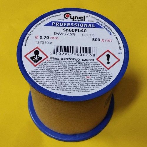Припой CYNEL (Польша) Solder wire S-Sn60Pb40, flux SW26/3/2,5%  Ø0,7мм 0,5кг