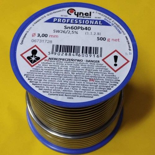 Припой CYNEL (Польша) Solder wire S-Sn60Pb40, flux SW26/3/2,5%  Ø3мм 0,5кг