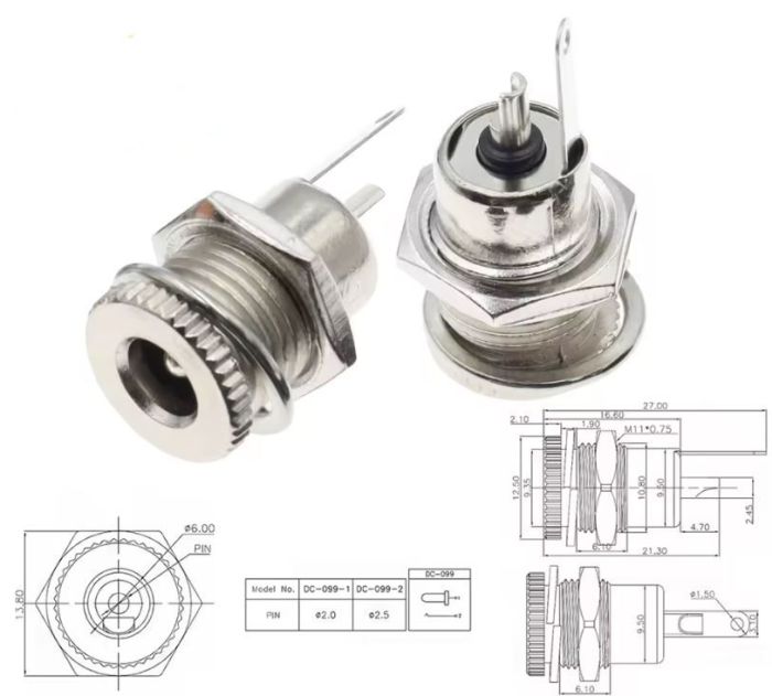Гнездо питания 5,5\2,1мм, монтажное, металлическое, с гайкой
