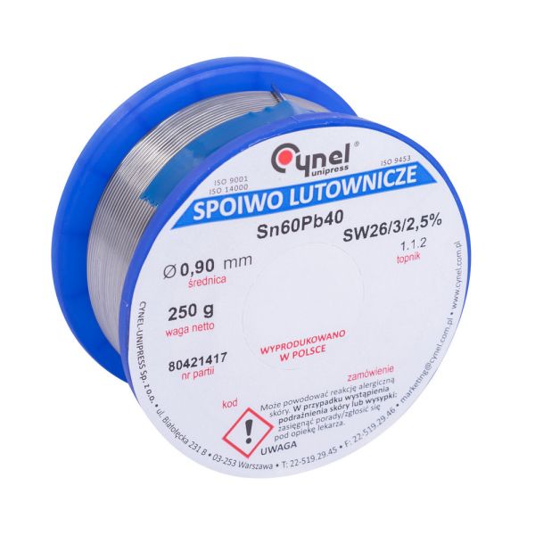 Припій CYNEL (Польща) Solder wire S-Sn60Pb40, flux SW26/3/2,5% Ø0,9мм 0,25кг